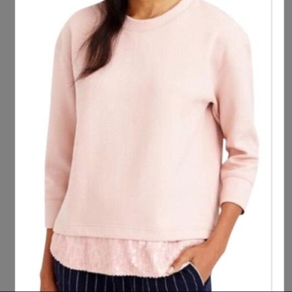 (SOLD) J. CREW Crew Neck 3/4 Sleeve Sequin Trim Sweatshirt Top Pink M - Picture 1 of 12